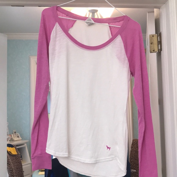 PINK Victoria's Secret Tops - PINK white long sleeve t-shirt with pink sleeves